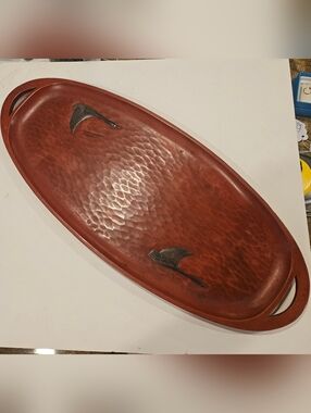 Signed Vintage Kamakura-bori Carved Red Lacquer Tray - Chidori Plover Inlay